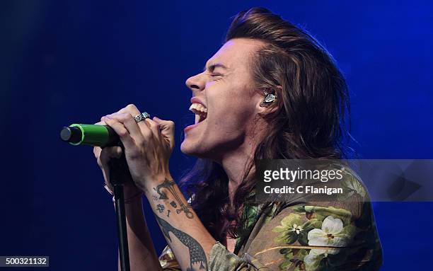 Singer Harry Styles of One Direction performs during the 6th Annual 99.7 NOW! Triple Ho Show at SAP Center on December 2, 2015 in San Jose,...
