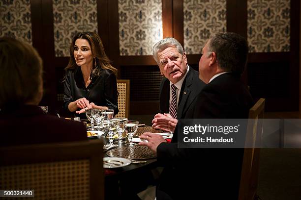 In this handout provided by the German Government Press Office , Queen Rania of Jordan, President of Germany Joachim Gauck and King Abdullah II of...