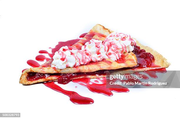 sweet crepe with strawberries - strawberry syrup stock pictures, royalty-free photos & images