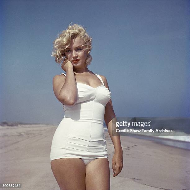Marilyn Monroe on the beach in 1957 in Amagansett, New York.