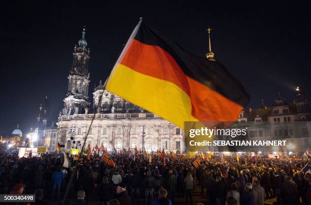 Supporters of the PEGIDA movement, "Patriotische Europaeer gegen die Islamisierung des Abendlandes," which translates to "Patriotic Europeans Against...