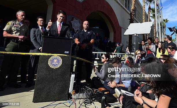 David Bowdich of the FBI briefs the press outside the San Bernardino Police Department on December 7, 2015 in San Bernardino, California. The husband...