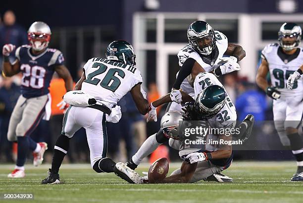 Keshawn Martin of the New England Patriots is unable to catch a pass as Eric Rowe of the Philadelphia Eagles defends him during the fourth quarter at...