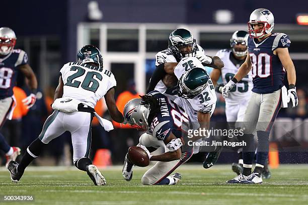 Keshawn Martin of the New England Patriots is unable to catch a pass as Eric Rowe of the Philadelphia Eagles defends him during the fourth quarter at...