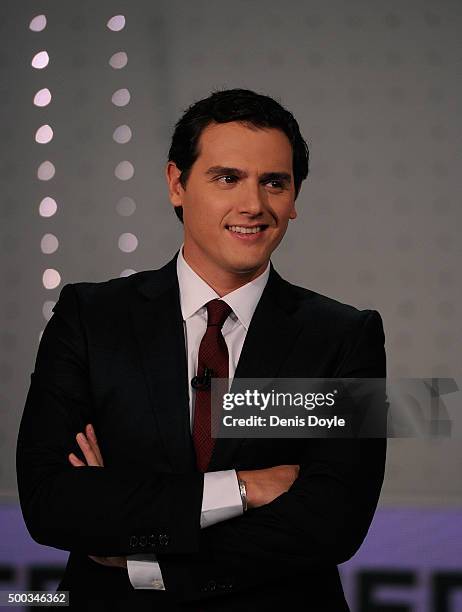 Albert Rivera, leader of Ciudadanos party looks on before the television debate with fellow leaders Pedro Sanchez of the PSOE Socialist party, Pablo...