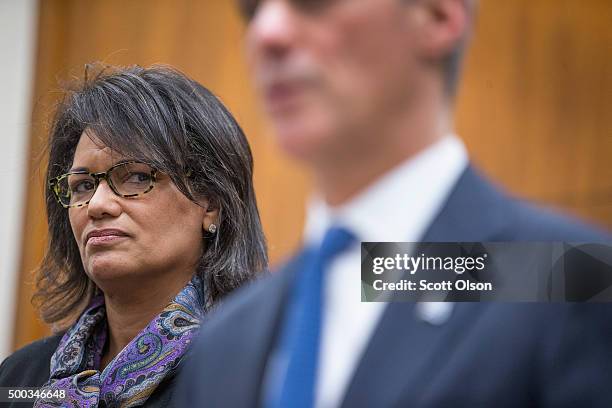 New head of the Independent Police Review Board Sharon Fairley listens as Mayor Rahm Emanuel speaks at a press conference on December 7, 2015 in...