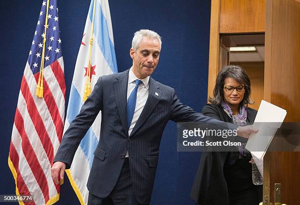 Chicago Mayor Rahm Emanuel and Sharon Fairley, his newly appointed head of the Independent Police Review Authority, arrive for a press conference on...