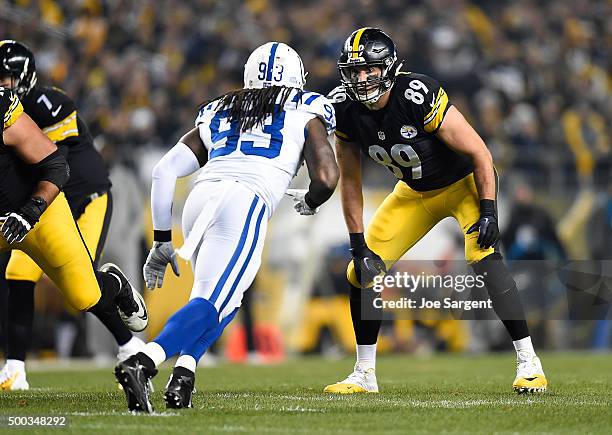 Matt Spaeth of the Pittsburgh Steelers blocks Erik Walden of the Indianapolis Colts at Heinz Field on December 6, 2015 in Pittsburgh, Pennsylvania.