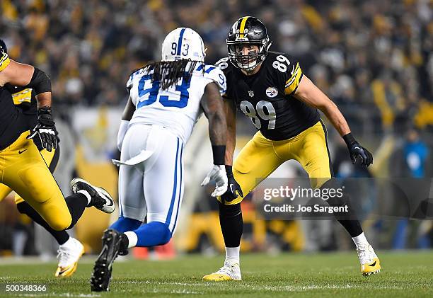 Matt Spaeth of the Pittsburgh Steelers blocks Erik Walden of the Indianapolis Colts at Heinz Field on December 6, 2015 in Pittsburgh, Pennsylvania.