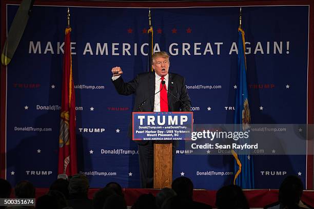 Republican presidential candidate Donald Trump speaks to the crowd at a Pearl Harbor Day Rally at the U.S.S. Yorktown December 7, 2015 in Mt....