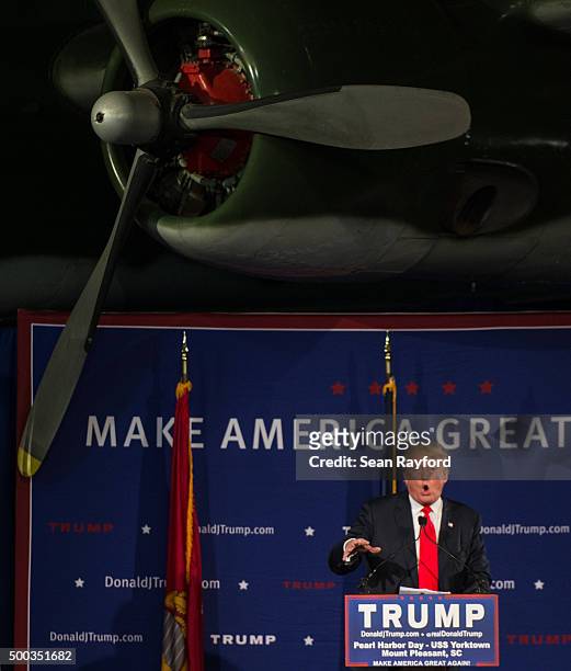 Republican presidential candidate Donald Trump speaks to the crowd at a Pearl Harbor Day Rally at the U.S.S. Yorktown December 7, 2015 in Mt....