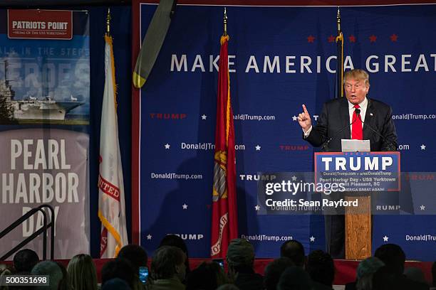 Republican presidential candidate Donald Trump speaks to the crowd at a Pearl Harbor Day Rally at the U.S.S. Yorktown December 7, 2015 in Mt....