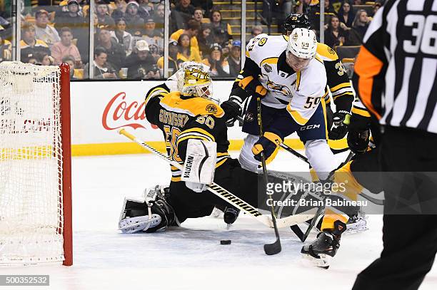 Roman Josi of the Nashville Predators scores a goal against Jonas Gustavsson of the Boston Bruins at the TD Garden on December 7, 2015 in Boston,...