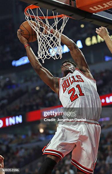 Jimmy Butler of the Chicago Bulls goes up for a shot against the Phoenix Suns at the United Center on December 7, 2015 in Chicago, Illinois. NOTE TO...