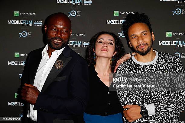 Actors Jimmy Jean-Louis, Isabelle Vitari and Yassine Azzouz attend '1 mobile, 1 minute, 1 film' as part of Mobile Film Festival at Gaumont Champs...