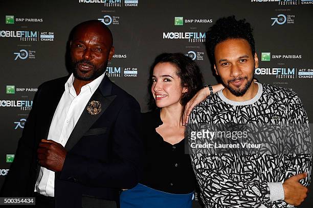 Actors Jimmy Jean-Louis, Isabelle Vitari and Yassine Azzouz attend '1 mobile, 1 minute, 1 film' as part of Mobile Film Festival at Gaumont Champs...
