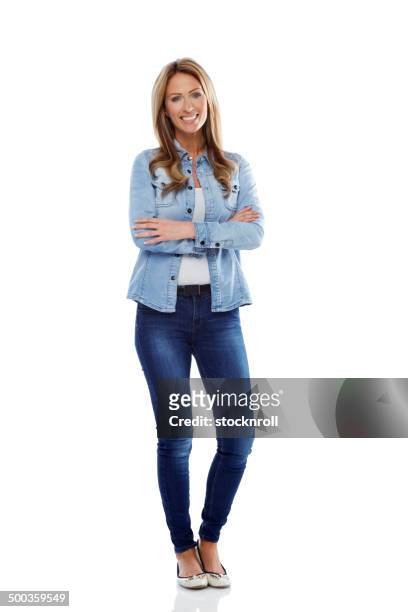 portrait of attractive woman in casuals - full body isolated stockfoto's en -beelden