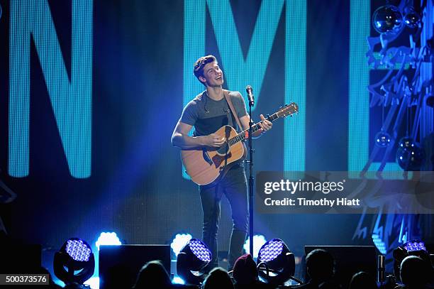 Recording artist Shawn Mendes performs onstage during 101.3 KDWB's Jingle Ball 2015 at Xcel Energy Center on December 7, 2015 in St Paul, Minnesota.