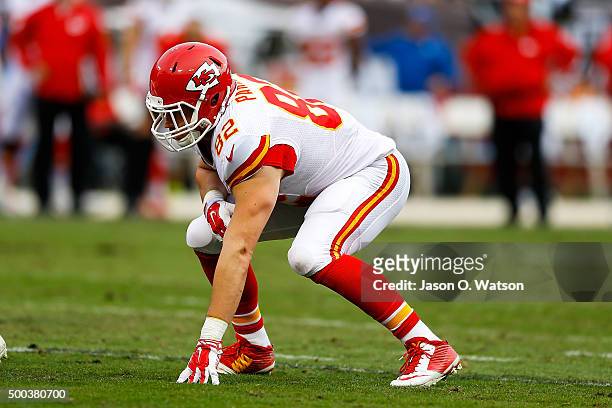 Tight end Brian Parker of the Kansas City Chiefs lines up for a play against the Oakland Raiders during the third quarter at O.co Coliseum on...
