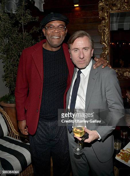 Actors Samuel L. Jackson and Tim Roth attend the world premiere of "The Hateful Eight" presented by The Weinstein Company at Le Jardin on December 7,...
