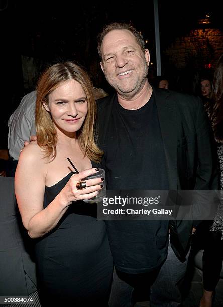 Actress Jennifer Jason Leigh and producer Harvey Weinstein attend the world premiere of "The Hateful Eight" presented by The Weinstein Company at Le...