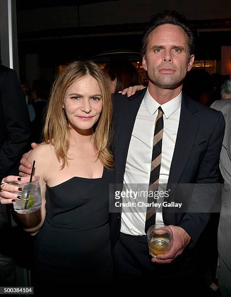 Actors Jennifer Jason Leigh and Walton Goggins attend the world premiere of "The Hateful Eight" presented by The Weinstein Company at Le Jardin on...