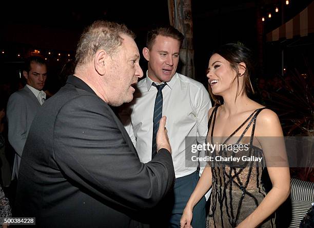 Producer Harvey Weinstein, actors Channing Tatum, and Jenna Dewan attend the world premiere of "The Hateful Eight" presented by The Weinstein Company...