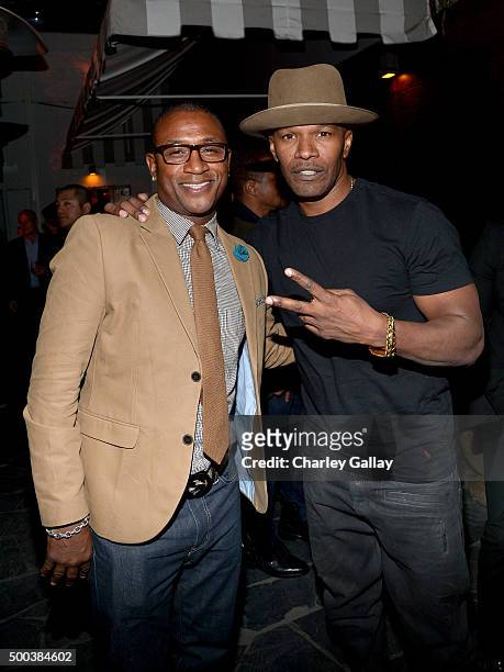 Comedian Tommy Davidson and actor Jamie Foxx attend the world premiere of "The Hateful Eight" presented by The Weinstein Company at Le Jardin on...