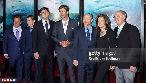 Producer Will Ward, actors Tom Holland, Bemjamin Walker, Chris Hemsworth, director Ron Howard, Producer Paula Weinstein and author Nathaniel...