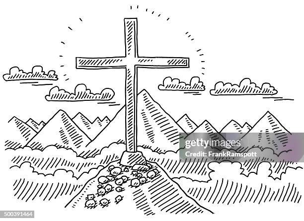 summit cross mountain landscape drawing - summit cross stock illustrations