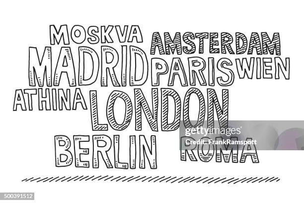 word cloud cities europe drawing - word cloud stock illustrations