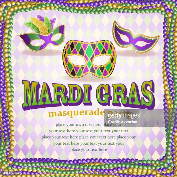 masquerade party notice - mardi gras beads stock illustrations