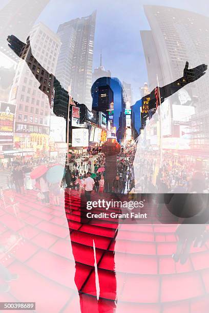 woman celebrating time square - outdoor digital signage stock pictures, royalty-free photos & images