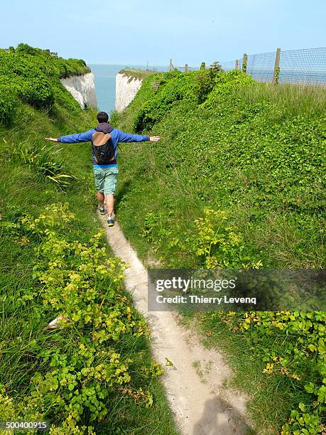 a man walks toward the white cliffs - white cliffs of dover stock pictures, royalty-free photos & images
