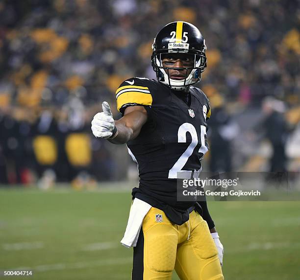 Cornerback Brandon Boykin of the Pittsburgh Steelers signals during a game against the Indianapolis Colts at Heinz Field on December 6, 2015 in...