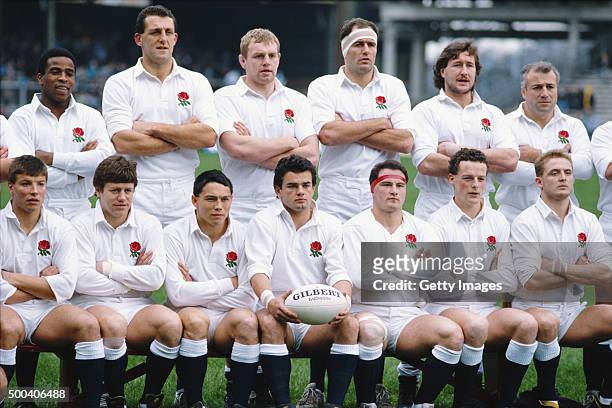 The England team line up before the Five Nations match v Scotland at Twickenham on February 4 back row from left to right Chris Oti, Wade Dooley,...