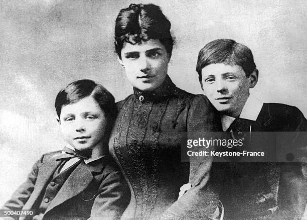 Photograph of the Churchill family Winston Churchill at 10 years old, his mother Lady Randolph Churchill and his younger brother John Churchill, 1884...