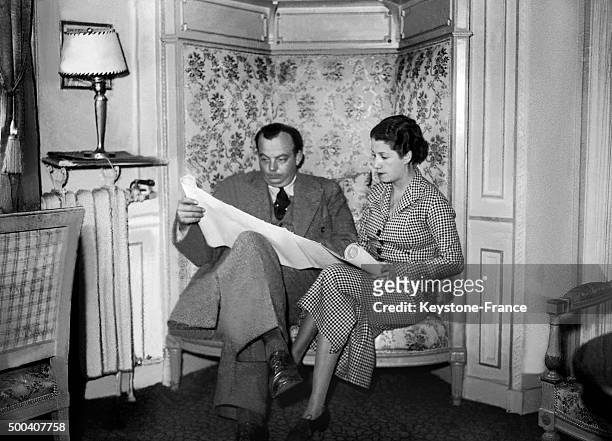 The French aviator Antoine de Saint-Exupery relaxing in his Paris apartment with his wife Consuelo Gomez Carillo de Saint Exupery, The aviator had...