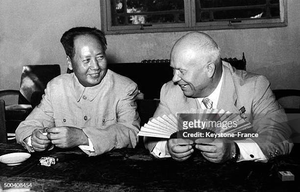 Nikita Khrushchev, USSR premier, and Mao Zedong, president of the People's Republic of China, during their meeting in Beijing on August 8,1958 in...