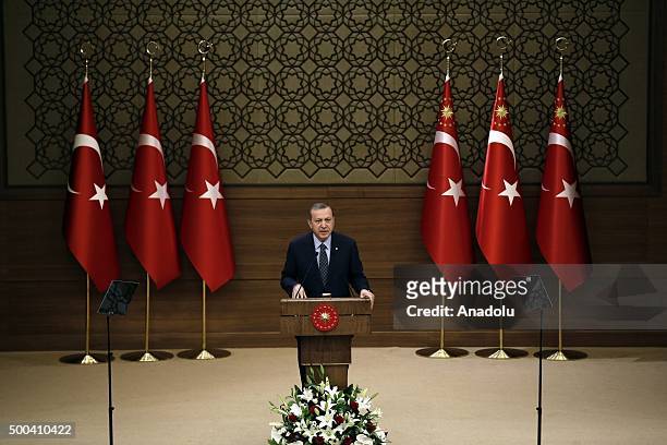 Turkish President Recep Tayyip Erdogan addresses local officials during the mukhtars meeting at the presidential palace in Ankara, Turkey, on...