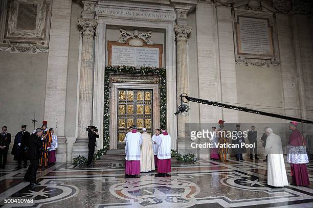 Pope Francis prepares to open the Holy Door of St. Peter's Basilica on December 8, 2015 in Vatican City, Vatican. During the solemnity of the...
