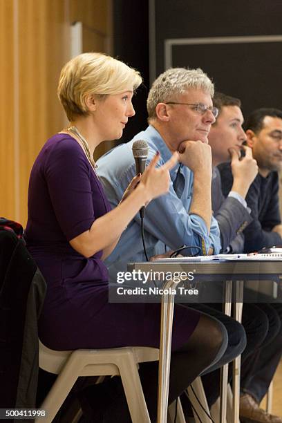 Labour MP Stella Creasy speaks a Constituency Meeting on the Syrian Vote at the Frederick Bremer School, Walthamstow on December 6, 2015 in...