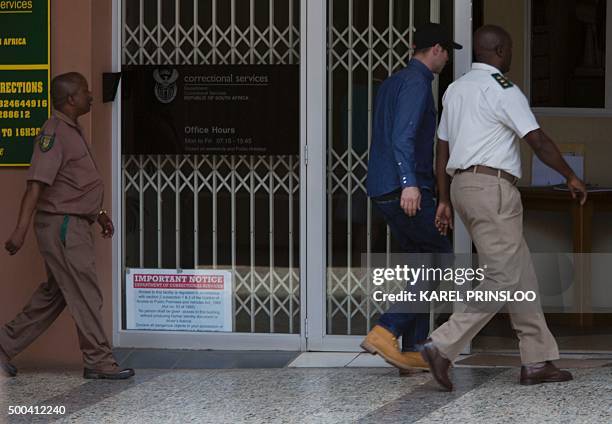 Convicted murderer Oscar Pistorius arrives at the correctional service headquarters to get tagged with an electronic movement control device on...