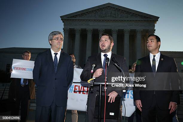 Rep. Ruben Gallego speaks as Rep. Joaquin Castro and Mexican American Legal Defense and Education Fund President and General Counsel Thomas Saenz...