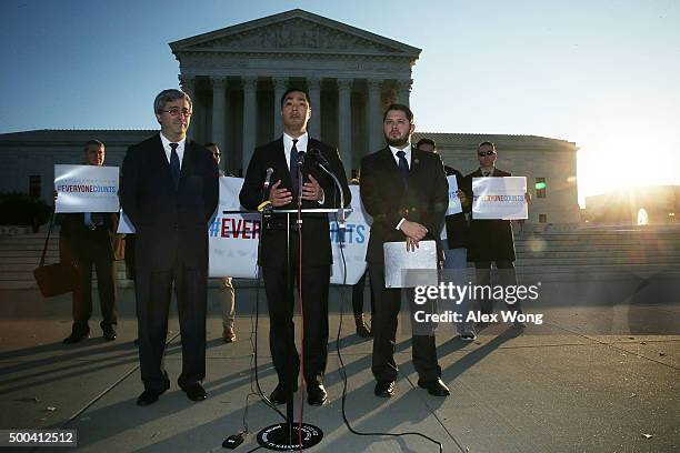 Rep. Joaquin Castro speaks as Rep. Ruben Gallego and Mexican American Legal Defense and Education Fund President and General Counsel Thomas Saenz...