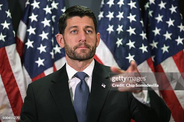 Speaker of the House Paul Ryan and members of the House GOP leadership hold a news briefing following the weekly Republican Conference meeting at the...