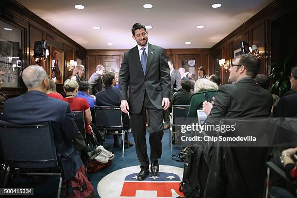 Speaker of the House Paul Ryan leaves a news briefing with members of the House GOP leadership following the weekly Republican Conference meeting at...