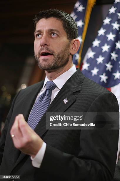 Speaker of the House Paul Ryan and members of the House GOP leadership hold a news briefing following the weekly Republican Conference meeting at the...