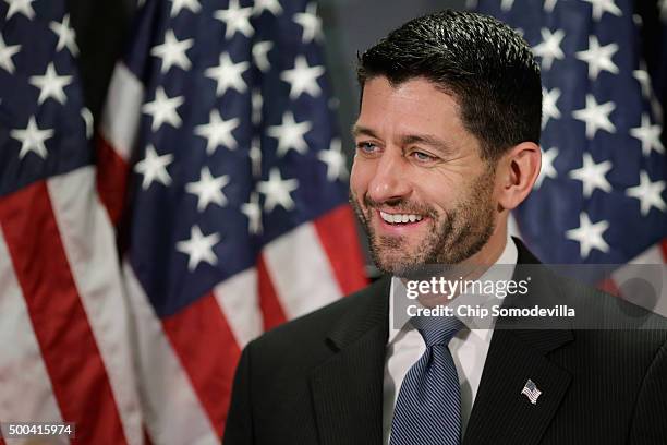 Speaker of the House Paul Ryan and members of the House GOP leadership hold a news briefing following the weekly Republican Conference meeting at the...