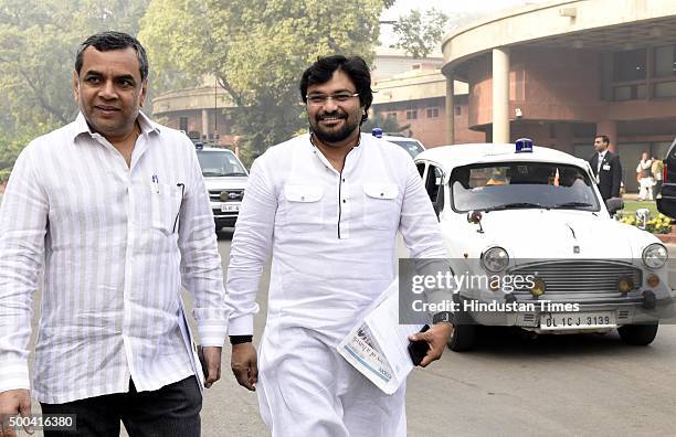 Paresh Rawal and Babul Supriyo, Minister of State for Urban Development, and for Housing and Urban Poverty Alleviation, after BJP Parliamentary board...